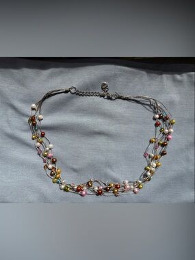 Multi-Color Beaded Multi-Strand Necklace with Silver Chain